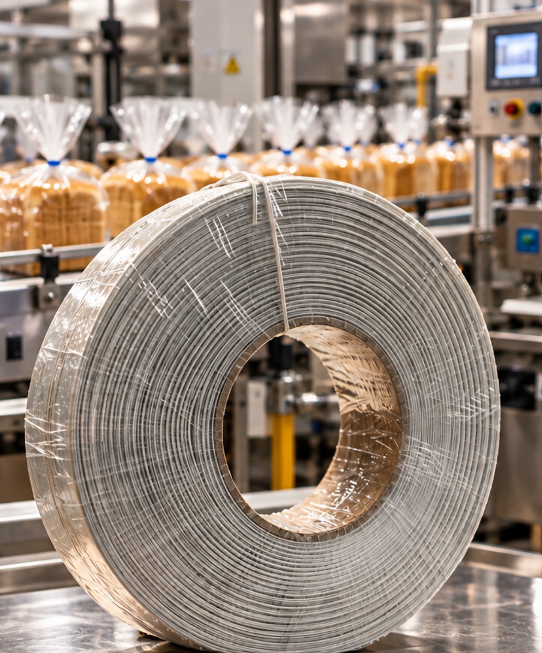 Rollo de cinta atadora en línea de producción de pan